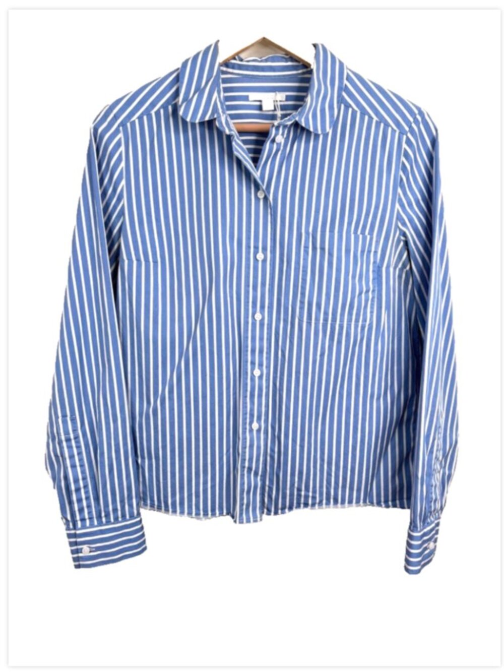 COS Striped Button Down Shirt 8 Blue White Boxy Slight Crop Oxford Minimalist